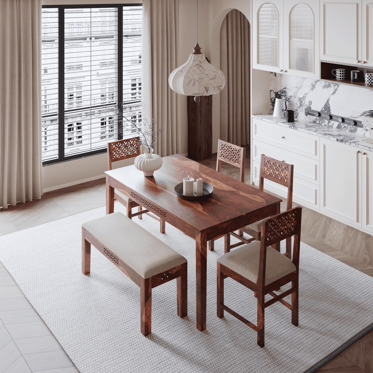 Solid Wood Dining Table 6 Seater Set with Bench for Dining Room