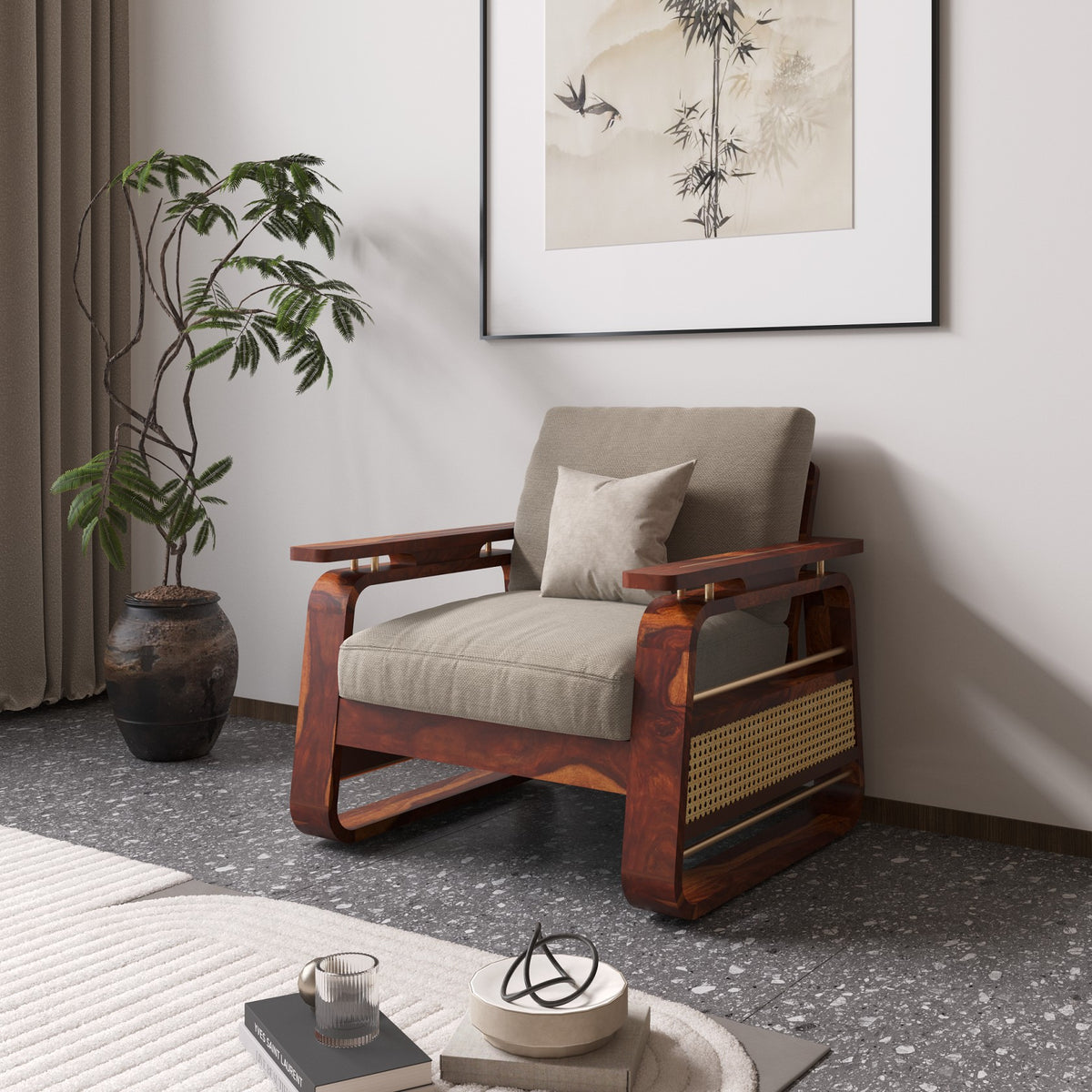 Wooden Single Seater Sofa with Rattan Design