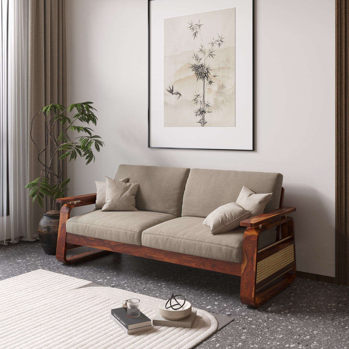 Wooden Sofa Set 3 Seater with Rattan Design in Honey Finish