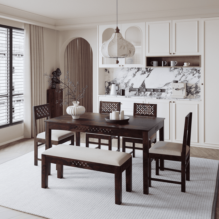 Dining room with wooden table and chairs in a modern kitchen setting