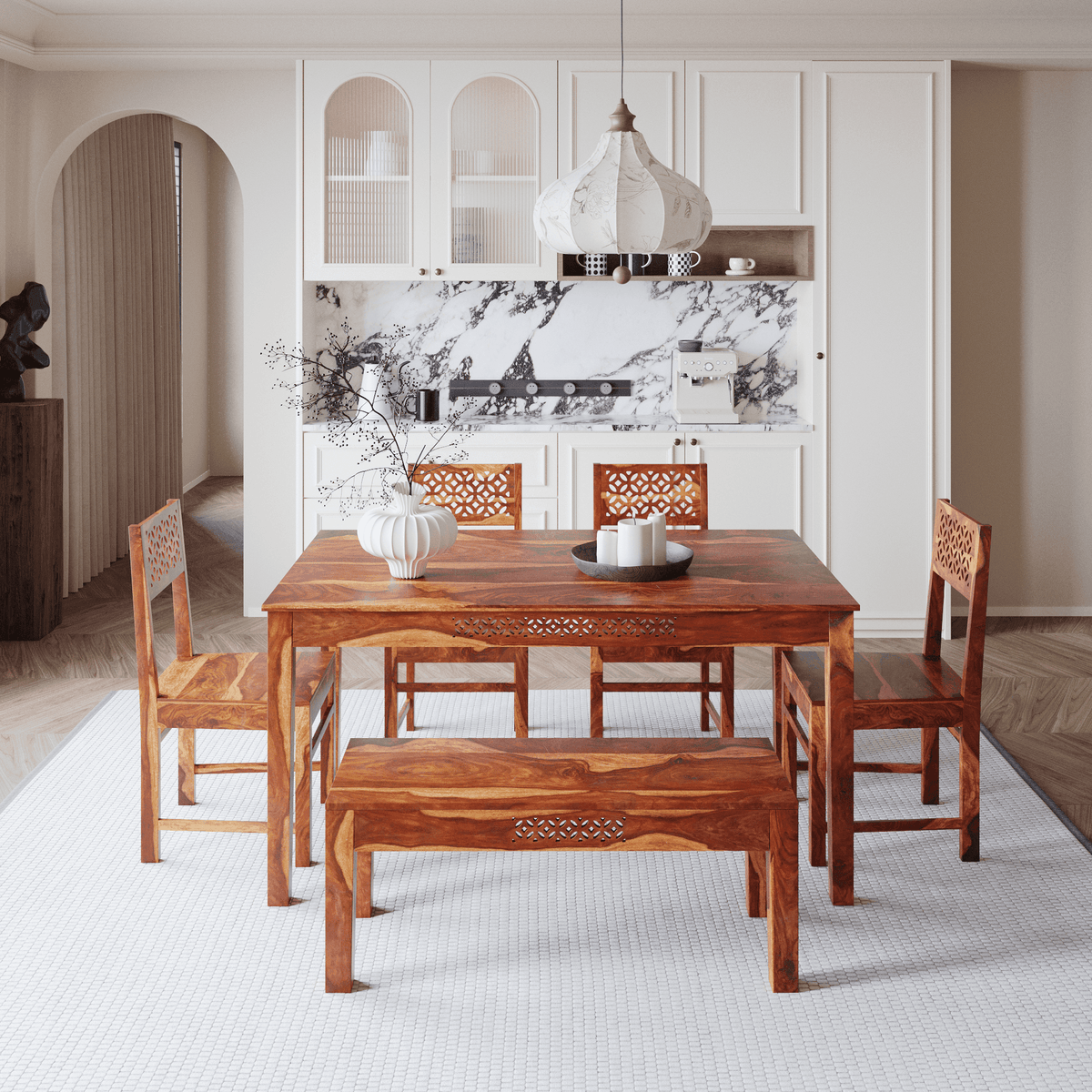 Sheesham Wood Dining Table 6 Seater with Bench for Dining Room