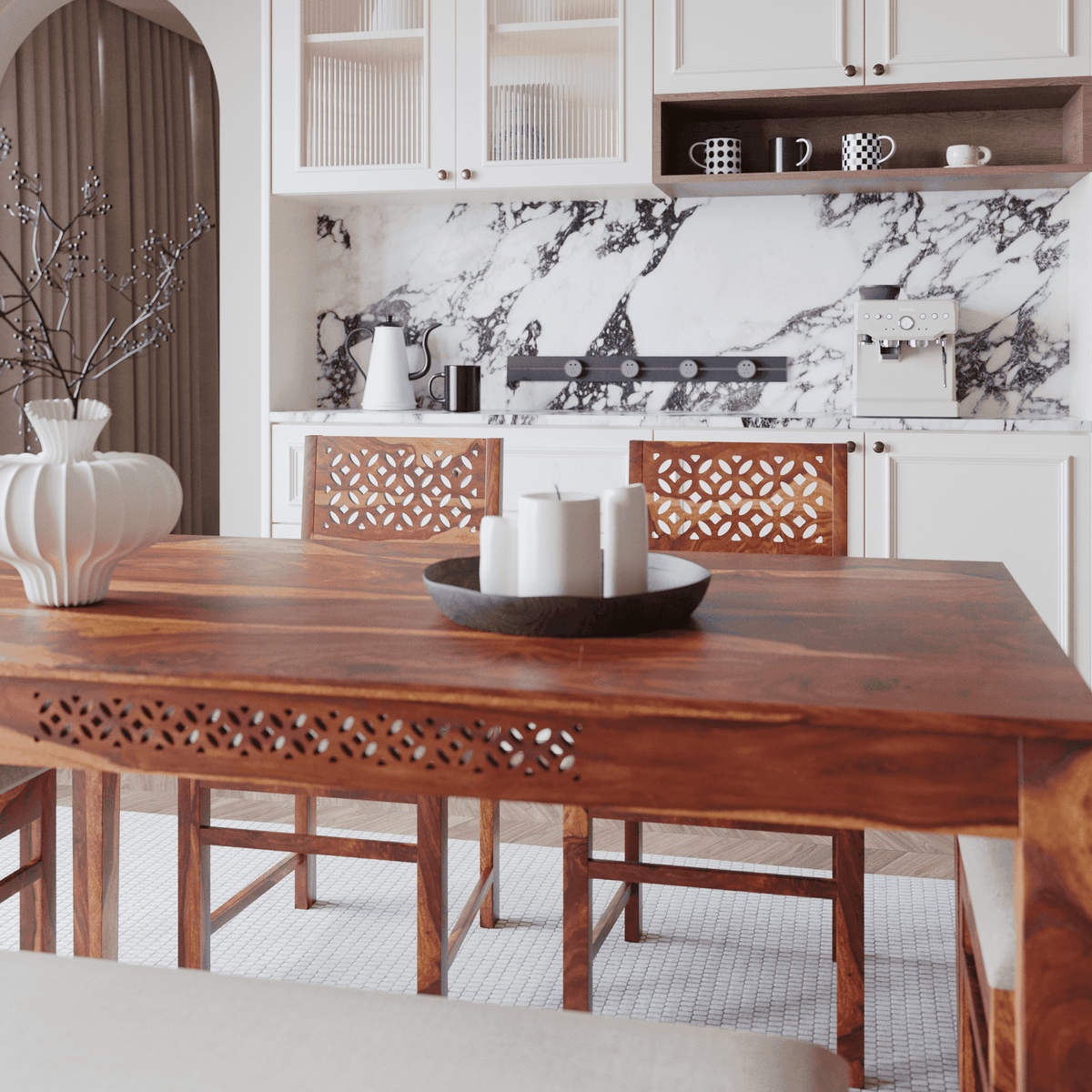 Solid Wood Dining Table 6 Seater Set with Bench for Dining Room