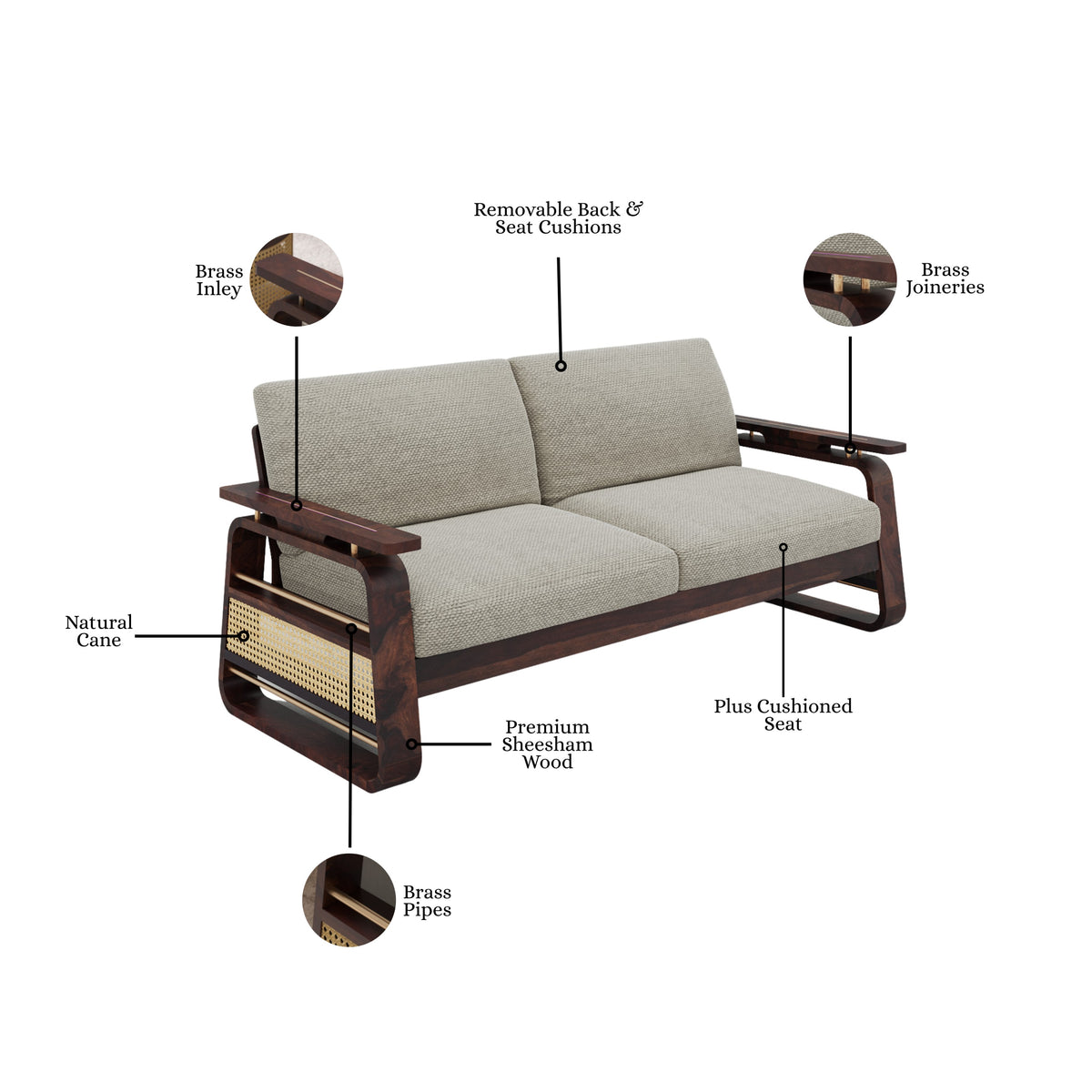 Wooden Sofa Set 3 Seater with Rattan Design in Honey Finish