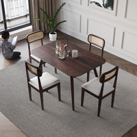 Dining table set with chairs in a room with a person reading by a window.