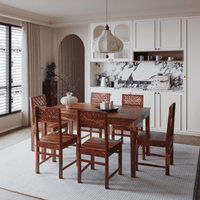 Dining room with wooden table and chairs in a modern kitchen setting.
