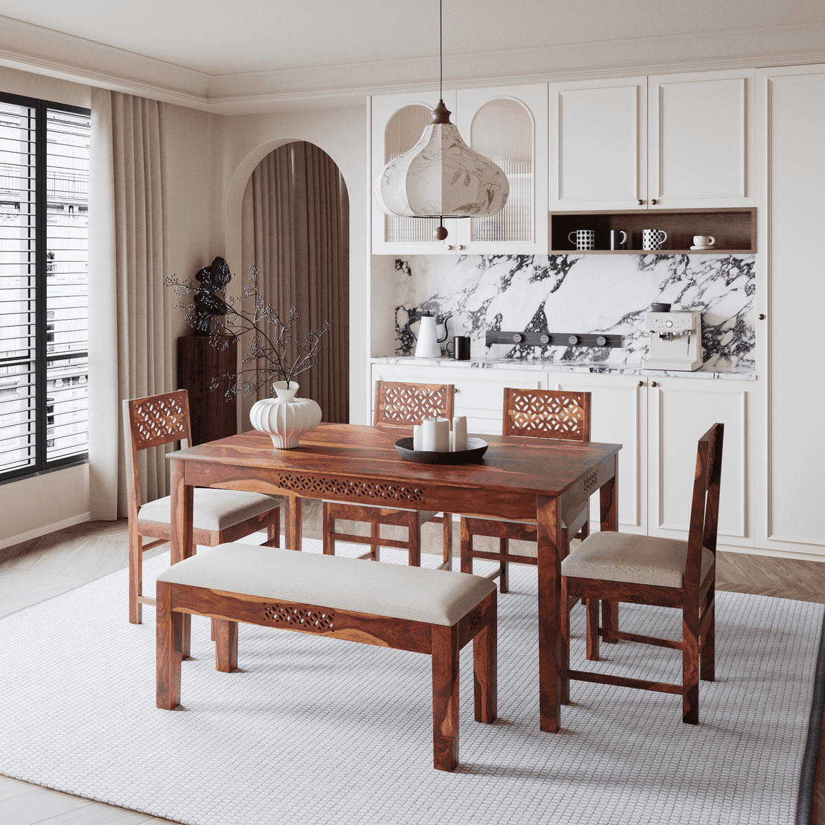 Dining room with wooden table, chairs, and bench in a modern home setting.