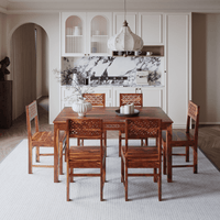 Wooden dining table with chairs in a modern kitchen setting
