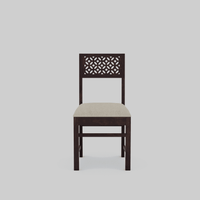Wooden chair with a patterned backrest on a light gray background