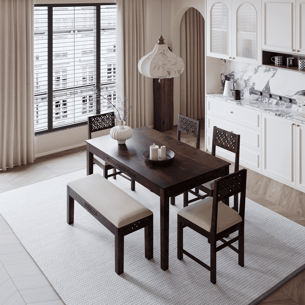 Dining area with wooden table and chairs in a modern kitchen setting.