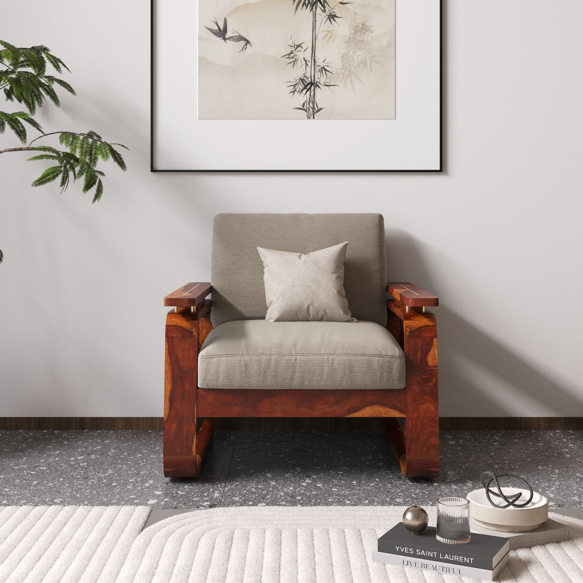 Wooden Single Seater Sofa with Rattan Design