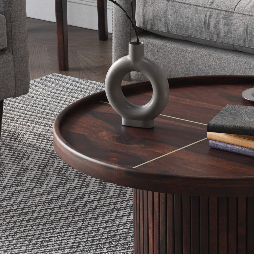 Wooden Round Coffee Table in Walnut Finish for Living Room