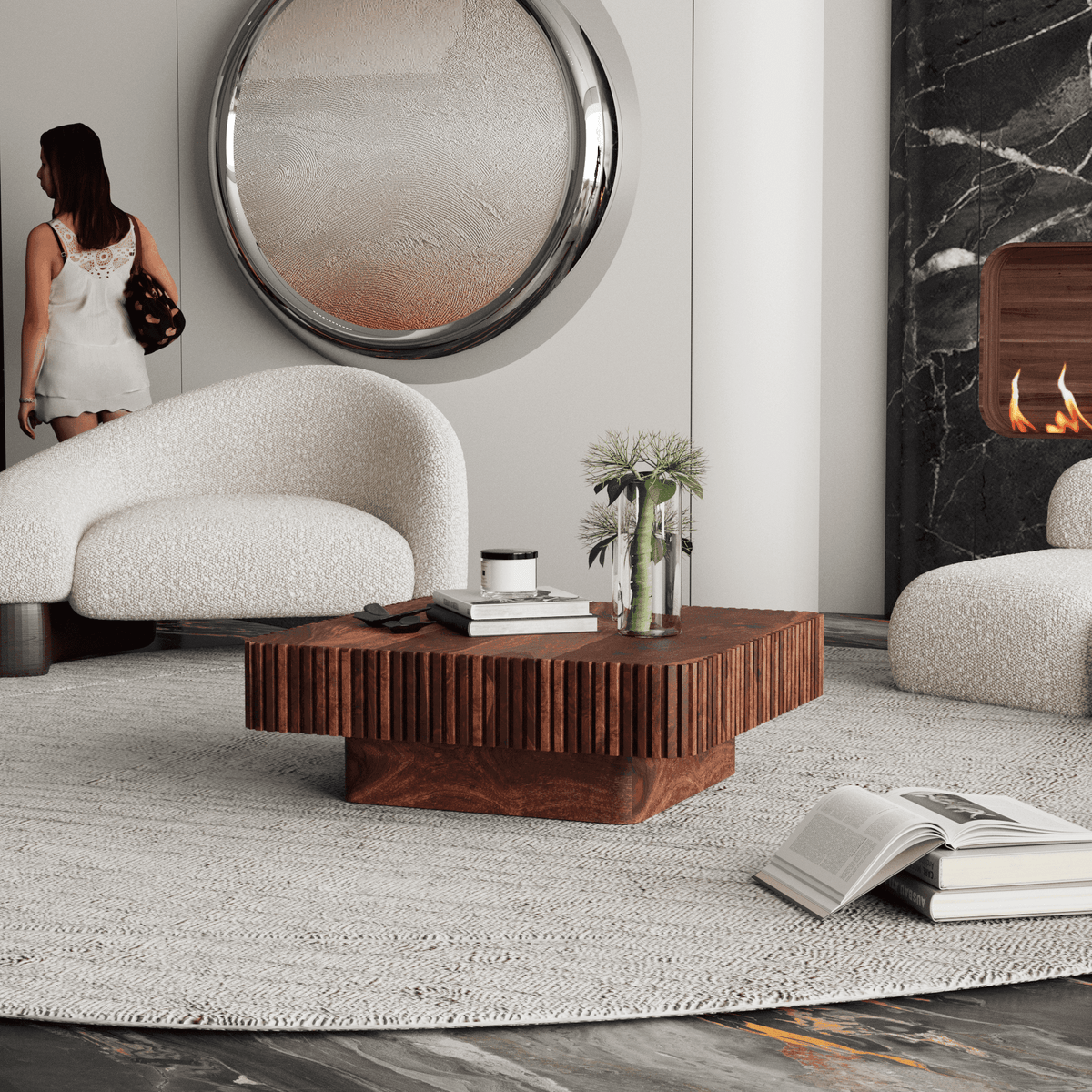 Modern living room with a wooden coffee table 