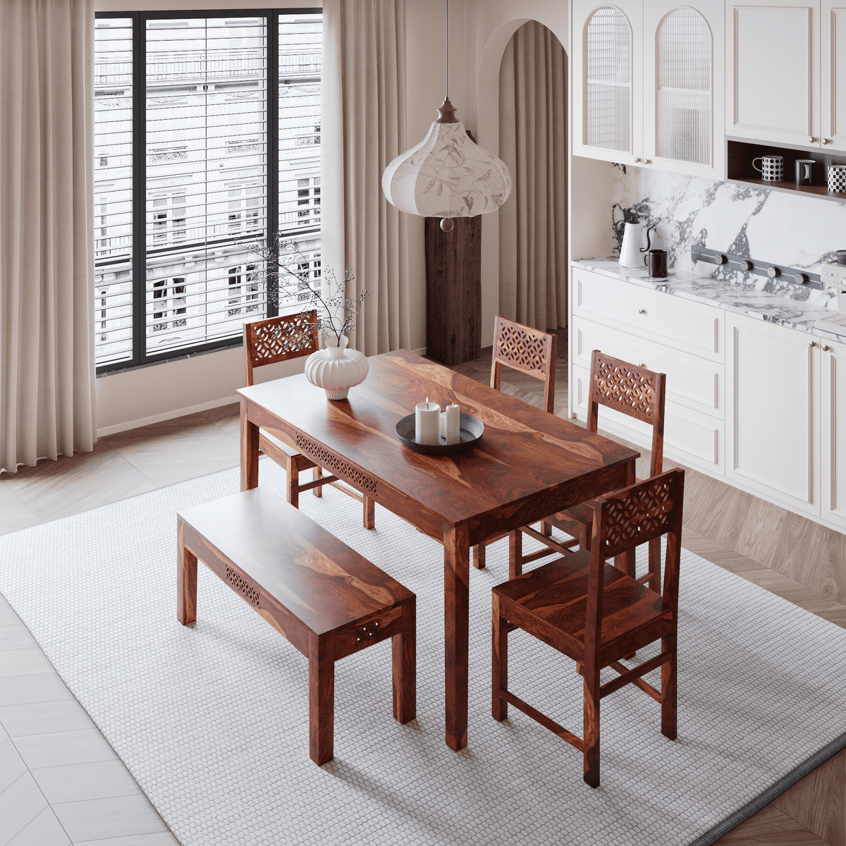 Sheesham Wood Dining Table 6 Seater with Bench for Dining Room