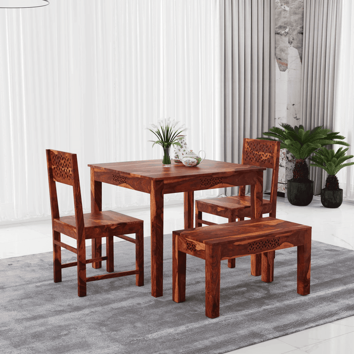 4 Seater Dining table with two chair and banch made of solid sheesham wood